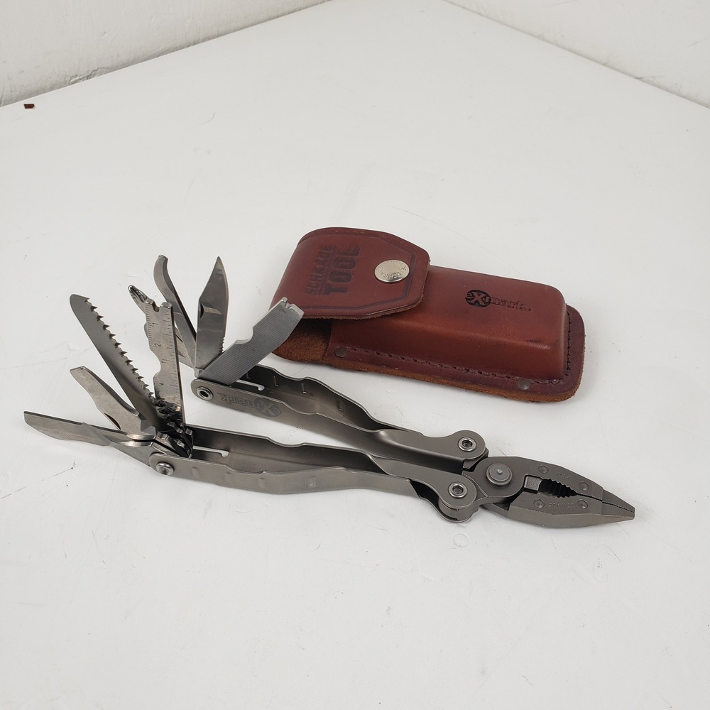 Schrade Tough ST1N Multi-Tool with Exmark Logo and Leather Sheath USA Made
